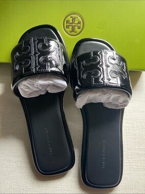 Tory Burch Black Patent Logo Slide Mules